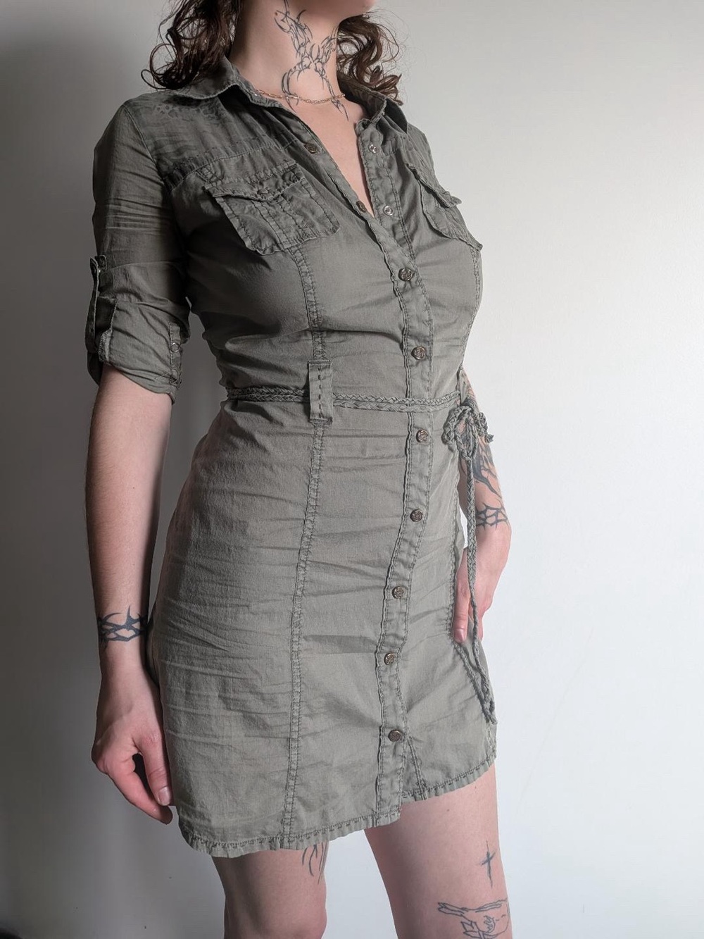 Guess military Green/Grey Women's dress with Tonal Back Print